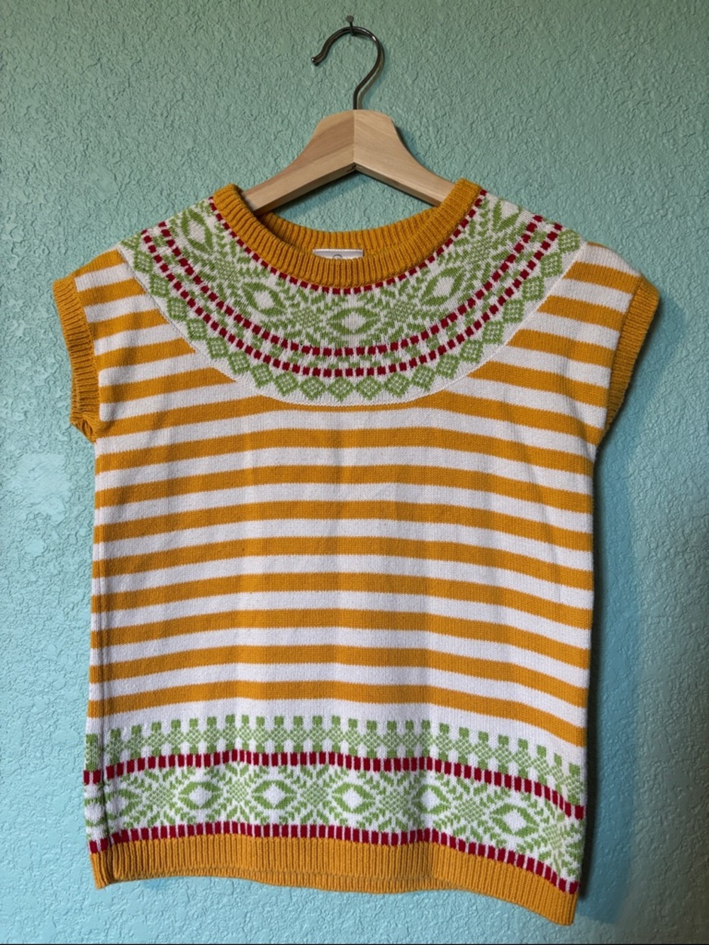 Hanna Andersson Girls Mustard Yellow, Green & White Knitted Sweater Vest, size 8